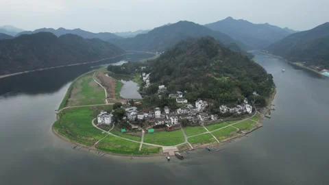 Winding River Channel Through Wooded Islands in Qiandao Lake, China Stock Footage 344038739