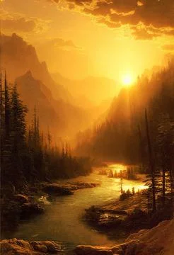 Winding river flowing in a forest on the dramatic sunset Stock-Illustration