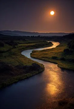 Winding river flowing in a forest on the dramatic sunset Stock Illustration