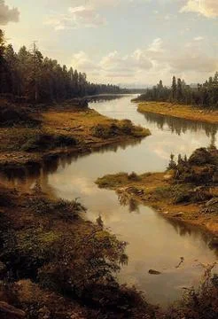 Winding river flowing in a forest on the dramatic sunset Stock Illustration