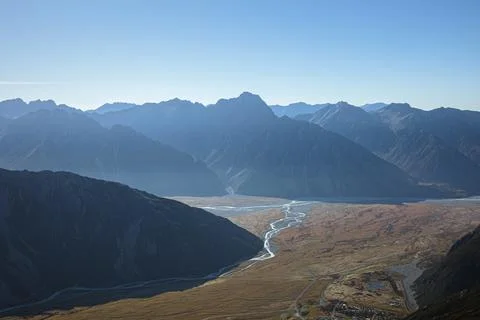 Winding River Flows Below Aoraki Mountain, New Zealand 写真素材