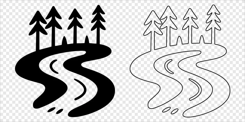 Winding river with pine trees along banks Silhouette and Outline Stock Illustration