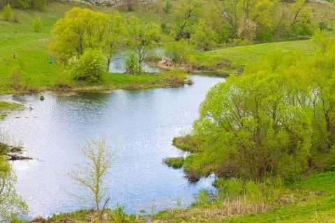 Winding river in a summer forest in cloudy weather with rain clouds. Landscap Stock Photos