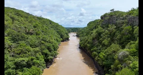 Winding River Surrounded by Lush Mountains in Guaviare Video stock 336562496