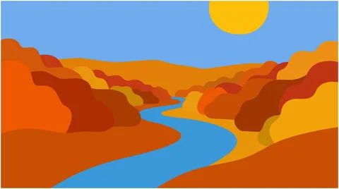 Winding river through autumn forest landscape under yellow sun with landscape Illustrazione stock