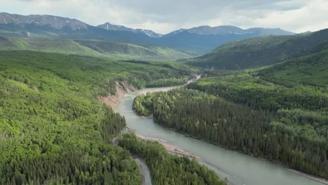 Winding river through evergreen forest and alpine peaks in pristine wilderness Video stock 327672233