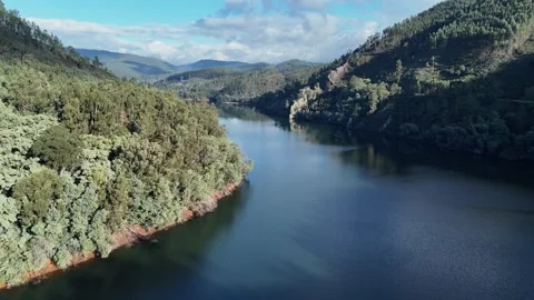 Winding river through evergreen forest and alpine peaks in pristine wilderness Video stock 327672296