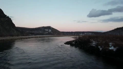 Winding River Through Frozen Valley in Arxan, China Stock Footage 344036741