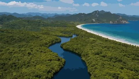 Winding River Through Lush Rainforest to the Sea Stock Illustration