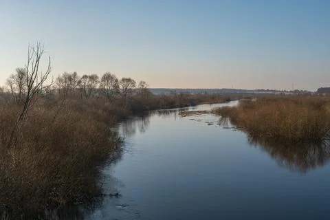 Winding river through marshland with leafless trees and reeds Stock Photos