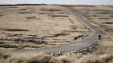 Winding Road Across Desolate Steppe Landscape In Falkland Islands Malvinas - 4K Stock Footage 345679914