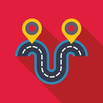 Winding road connecting two map pointers on a red background 库存插图