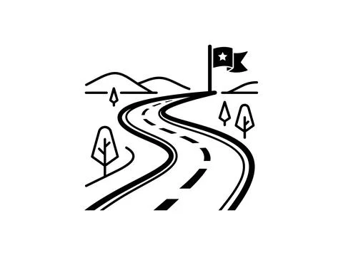 Winding road with dashed lines leading to a flag on a pole with a star, sym.. Stock Illustration