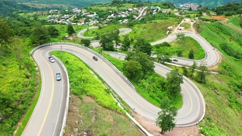 Winding road in the forest The top view of the beautiful Aerial view of asphalt  Video stock 149497449