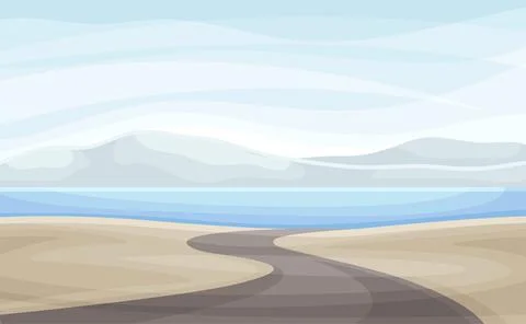 Winding Road Going into the Distance and Water Surface Vector Illustration Stock Illustration