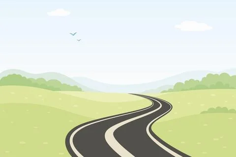 Winding Road Landscape, Cartoon Vector Illustration. Scenic Highway. Summer C Stock Illustration
