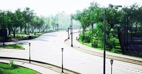 Winding road lined with trees in a serene park on a sunny day Ilustração Stock