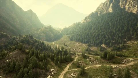 Winding road in the mountains with pine forest Ilustração Stock