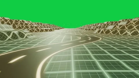 Winding road moving, camera moving, causing neon glow and showing grid on Vídeo Stock 337506323