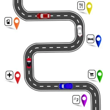 Winding road with stops signs. The path specifies the navigator. illustration Stock Illustration