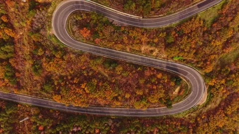 Winding road through autumn forests in Bulgaria captured from above Stock Footage 322760202