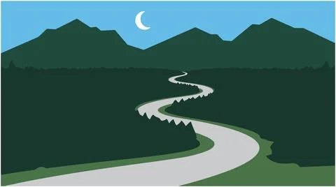 Winding road through dark forest landscape under a crescent moon with landsca Illustrazione stock