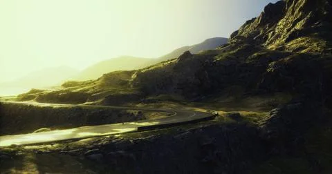 Winding road through dramatic mountains bathed in golden sunlight Stock Illustration