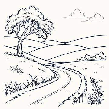 Winding Road Through Hills with a Large Tree Sketch Stock Illustration