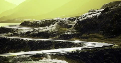 Winding road through rugged mountains under a surreal yellow sky Stock Illustration