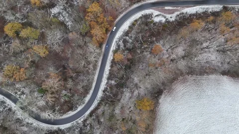 Winding Road Through Snow-Dusted Autumn Forest Stock-Footage 327979746