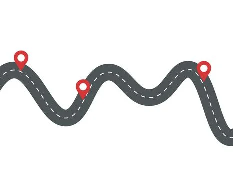 Winding road vector with map pins and dashed lines. Route navigation concept for Stock Illustration