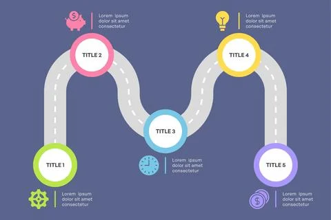 Winding Roadmap Infographic with Five Steps Colorful Vector Stock Illustration