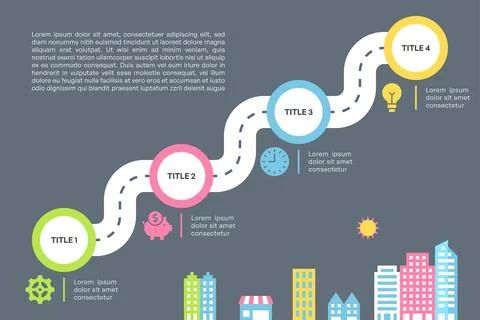 Winding Roadmap Infographic with Four Steps City Background Vector Illustrazione stock