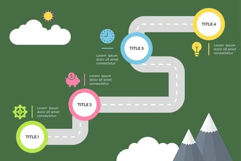 Winding Roadmap Infographic with Four Steps and Mountain Background Vector Illustrazione stock