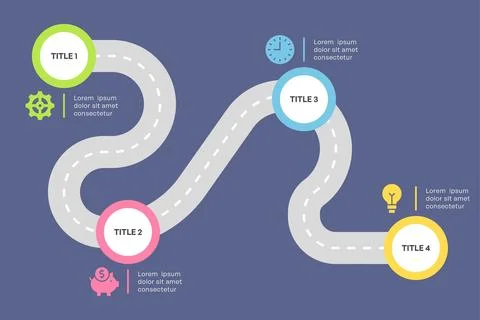 Winding Roadmap Infographic with Four Steps Flat Vector Design Stock Illustration