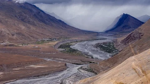 The winding Spiti River - Timelapse Stock Footage 75583306