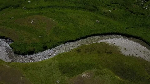 A winding stream flowing through a lush green meadow in Ubaye, France Stock Footage 301402948