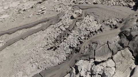 Winding stream of wet gray mud flowing across dry cracked desert earth Stock Footage 339270052