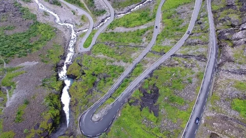 Winding switchbacks aerial Trollstigen trolls ladder Norway Stock Footage 70763905