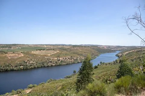 The winding Tejo River flowing through lush green hills Stock Photos