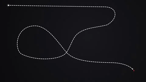 Winding white dashed line tracing a route to a red location marker. 4K 스톡 동영상 344846307