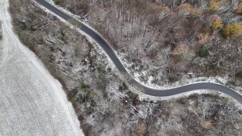Winding Winter Road Through Snow-Covered Forest, Aerial View Stock Footage 327980004