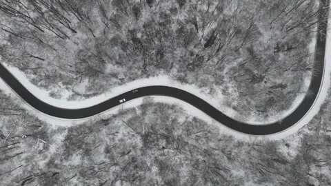 Winding Winter Road Through Snow-Covered Forest, Aerial View Stock Footage 327980324