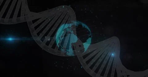 Winding wireframe DNA helix wrapping glowing Earth in digital space, with binary Stock Illustration