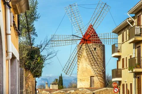 Windmill in Algadia Mallorca Spain Stock Photos