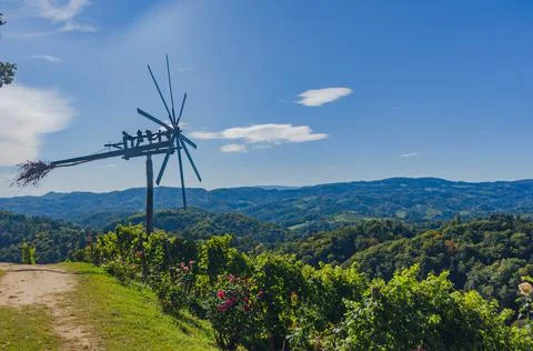 Windmill along South Styrian Wine Road, a charming region on the border betwe Stock Photos