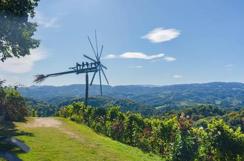 Windmill along South Styrian Wine Road, a charming region on the border betwe Stock Photos