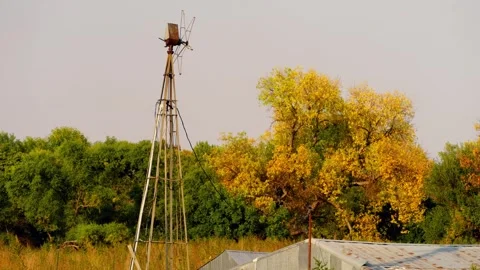Windmill and autumn trees on the plains Stock-Footage 345530620