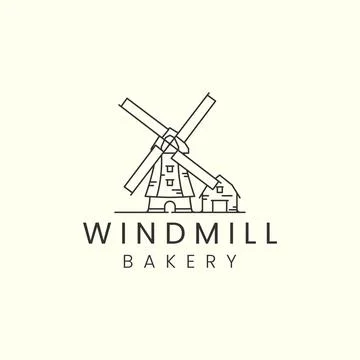 Windmill and barn farm with linear style logo icon template design. bakery, e Stock Illustration