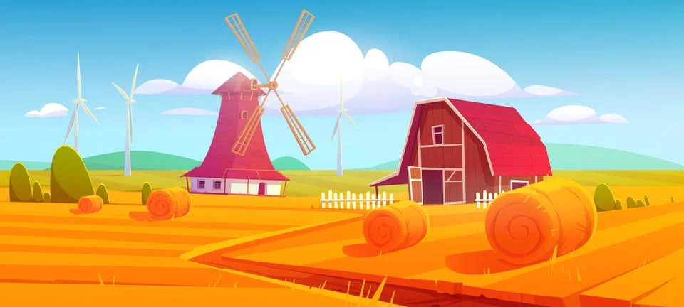 Windmill and barn on farm nature rural background Stock Illustration